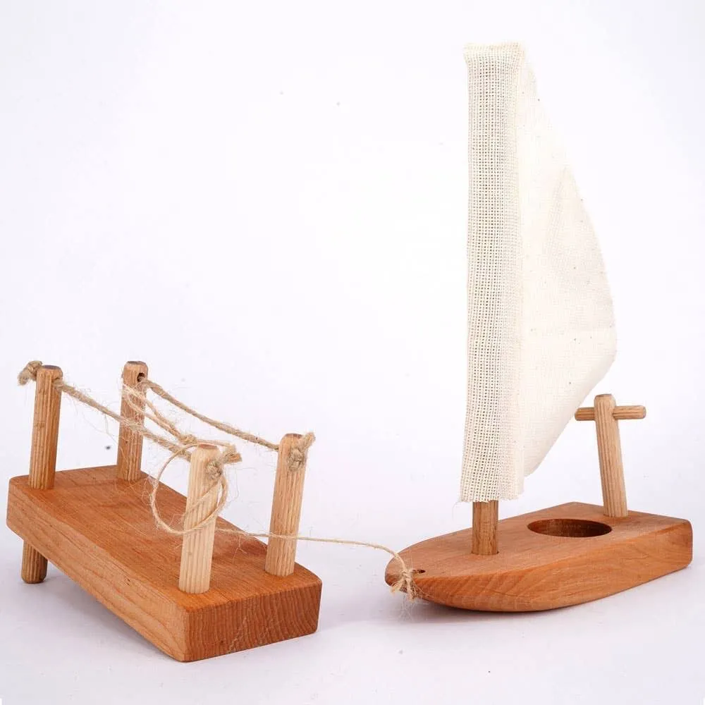 Handmade Wooden Sail Boat and Dock Set