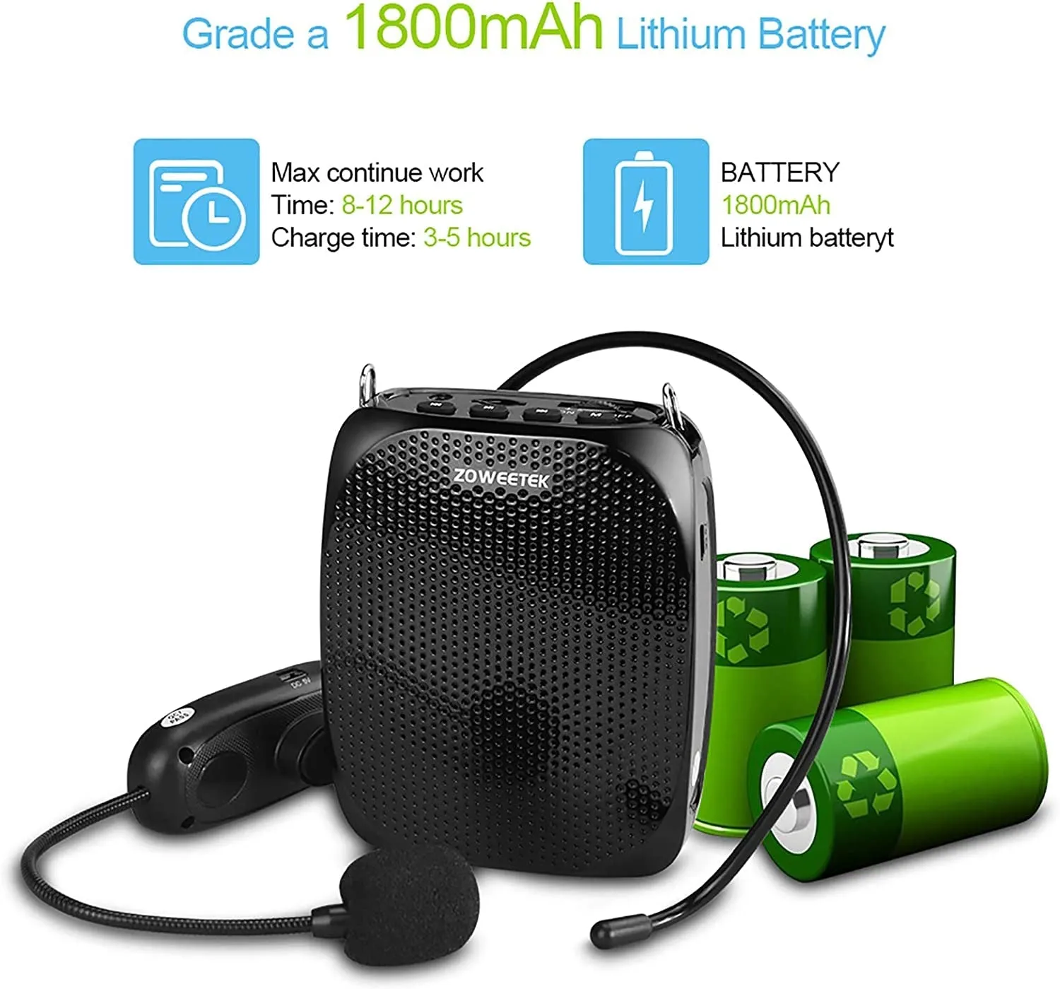 ZOWEETEK Voice Amplifier with UHF Wireless Microphone Headset, 10W 1800Mah Portable Rechargeable PA System Speaker for Multiple Locations Such as Classroom, Meetings, Promotions and Outdoors