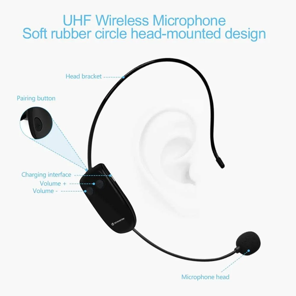 ZOWEETEK Voice Amplifier with UHF Wireless Microphone Headset, 10W 1800Mah Portable Rechargeable PA System Speaker for Multiple Locations Such as Classroom, Meetings, Promotions and Outdoors