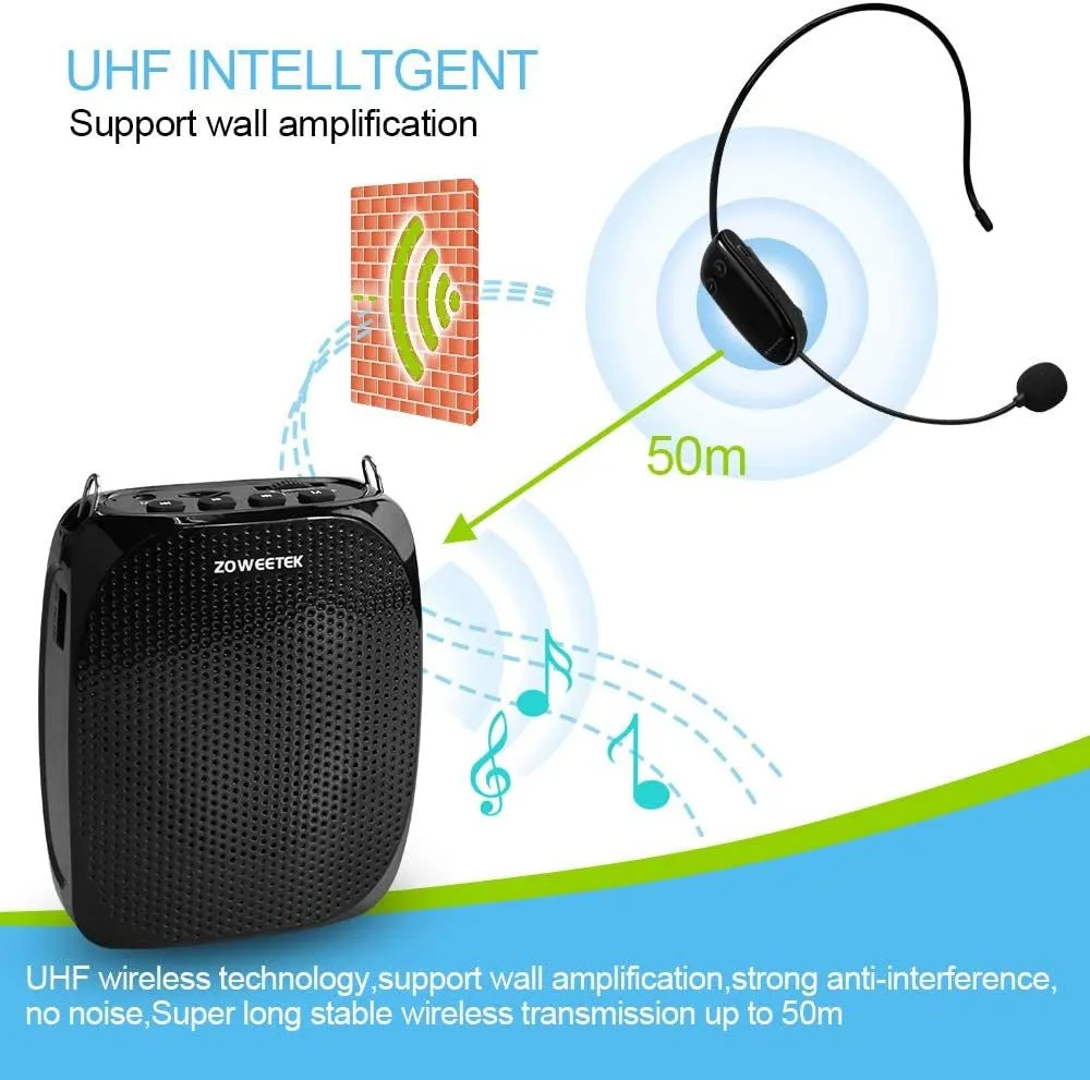 ZOWEETEK Voice Amplifier with UHF Wireless Microphone Headset, 10W 1800Mah Portable Rechargeable PA System Speaker for Multiple Locations Such as Classroom, Meetings, Promotions and Outdoors